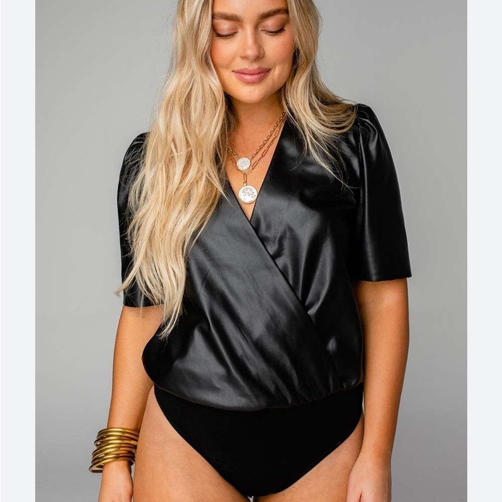 Buddy Love Ava Black Surplice Vegan Leather Bodysuit NWT